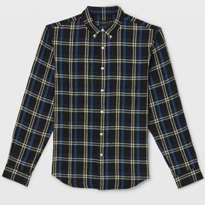 Club Monaco Black Multi Long Sleeve Plaid 100% Linen Button Up Shirt Mens Medium